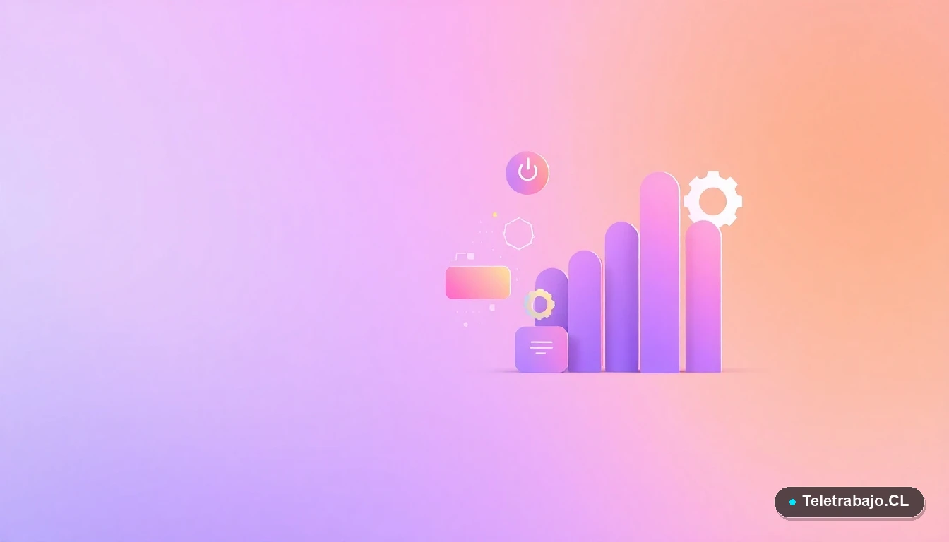 Composición abstracta de interfaz de usuario con gráficos flotantes y iconos minimalistas en tonos lavanda y durazno, sobre fondo degradado, representando habilidades técnicas para un CV.