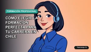 Ilustración vectorial plana de una mujer profesional chilena sonriente, con blusa azul y corte bob, sobre fondo degradado verde azulado. Concepto de elección de carrera y educación continua.