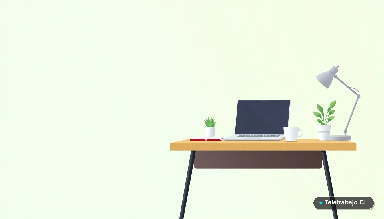 Ilustración vectorial de un escritorio moderno vacío con laptop, cuaderno, taza de café y planta, sobre fondo degradado verde menta, concepto de espacio de trabajo profesional.