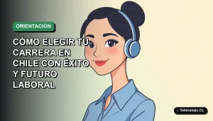 Ilustración plana vectorial de una mujer profesional chilena sonriente, con blusa azul y pelo recogido, sobre fondo degradado verde suave. Representa éxito laboral futuro.