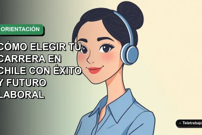 Ilustración plana vectorial de una mujer profesional chilena sonriente, con blusa azul y pelo recogido, sobre fondo degradado verde suave. Representa éxito laboral futuro.