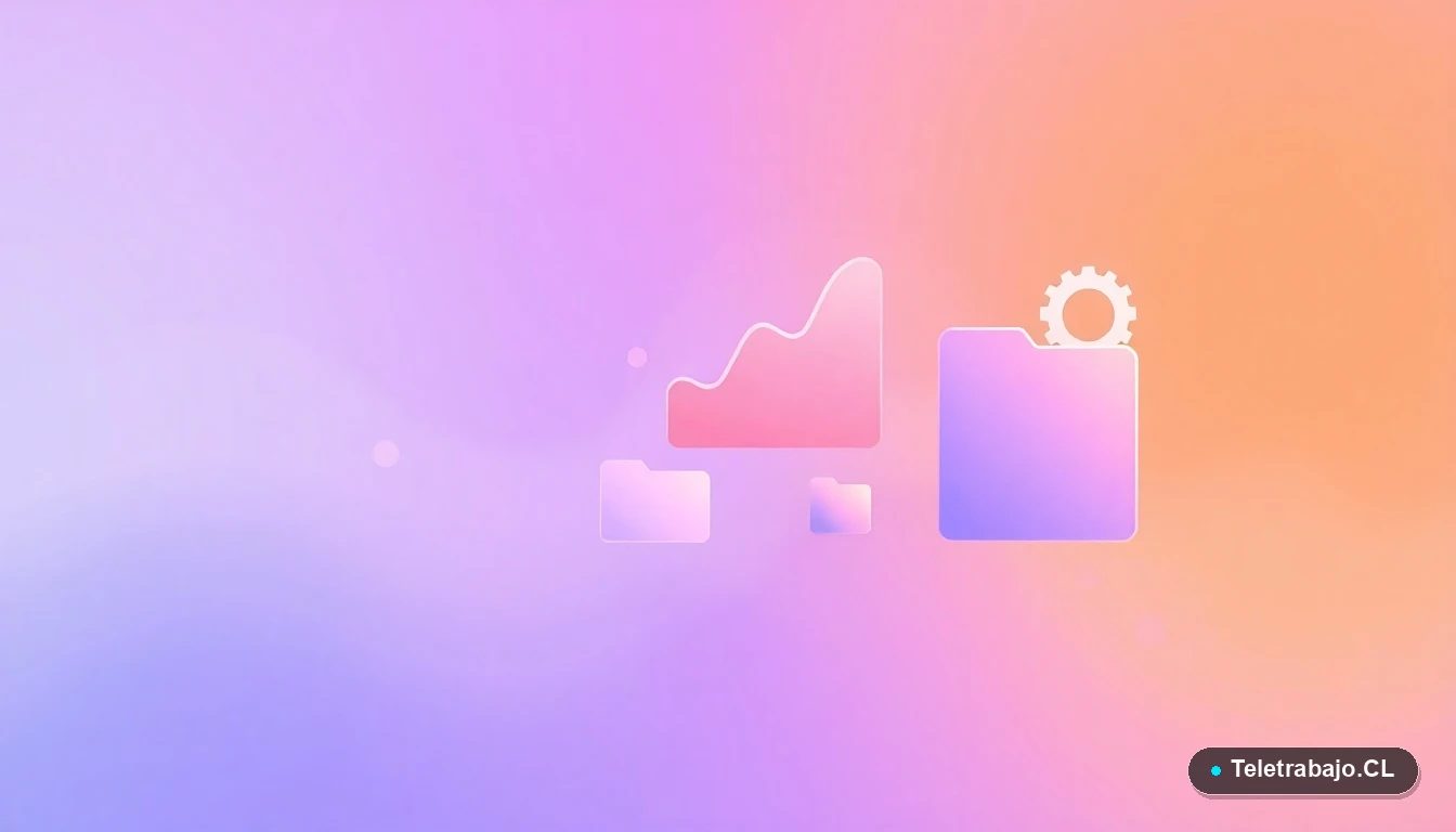 Ilustración abstracta de interfaz tecnológica con gráficos flotantes, engranajes y carpetas minimalistas en colores lavanda y durazno, sobre fondo degradado. Concepto de datos y planificación profesional.