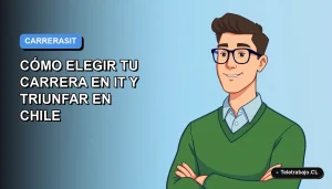 Ilustración vectorial plana de un trabajador remoto masculino de tecnología, con suéter verde, mirando confiado hacia el futuro. Fondo con gradiente azul suave.