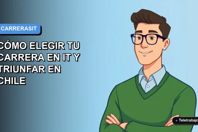 Ilustración vectorial plana de un trabajador remoto masculino de tecnología, con suéter verde, mirando confiado hacia el futuro. Fondo con gradiente azul suave.