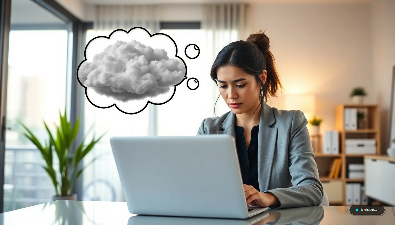 Profesional superando pensamientos negativos en el teletrabajo cambiando su mentalidad