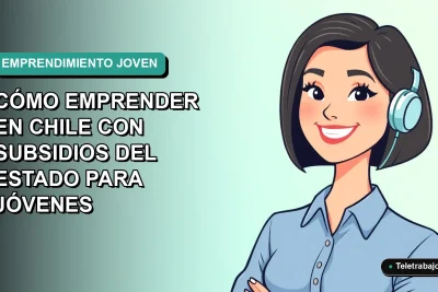 Ilustración plana de una mujer joven profesional sonriente, con blusa azul y corte de pelo bob, sobre un fondo degradado verde azulado. Representa el emprendimiento juvenil en Chile.