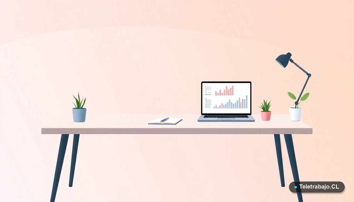 Escritorio moderno minimalista con laptop, gráficos, taza de café y planta, sobre fondo degradado lavanda y durazno. Representa el espacio de trabajo del emprendedor.