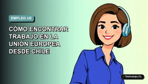Ilustración plana corporativa de una mujer profesional chilena sonriente, con blusa azul y corte bob, sobre fondo degradado suave azul verdoso. Representa la búsqueda de trabajo en la Unión Europea.