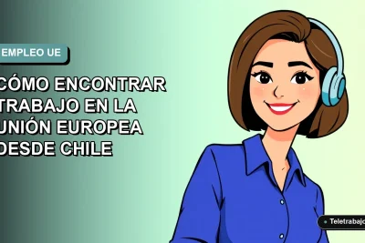 Ilustración plana corporativa de una mujer profesional chilena sonriente, con blusa azul y corte bob, sobre fondo degradado suave azul verdoso. Representa la búsqueda de trabajo en la Unión Europea.