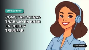 Ilustración plana corporativa de una mujer profesional chilena sonriente, con blusa azul y corte de pelo moderno, sobre fondo degradado verde azulado. Concepto de guía para encontrar trabajo en Recursos Humanos.