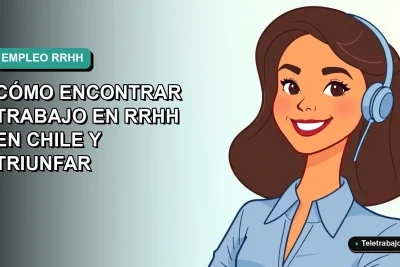 Ilustración plana corporativa de una mujer profesional chilena sonriente, con blusa azul y corte de pelo moderno, sobre fondo degradado verde azulado. Concepto de guía para encontrar trabajo en Recursos Humanos.