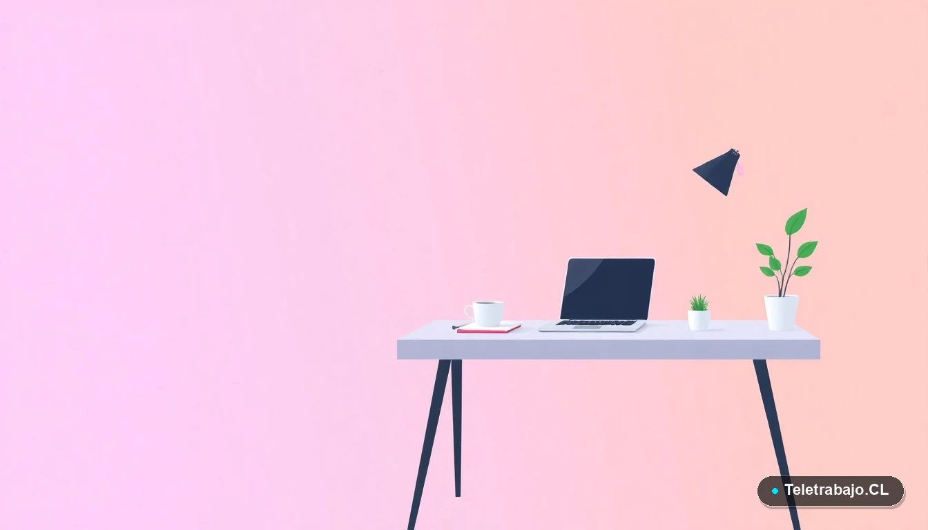 Escritorio moderno minimalista con laptop, cuaderno, taza de café y planta, en estilo de ilustración vectorial plana, sobre fondo degradado lavanda y durazno. Concepto de espacio de trabajo profesional para Recursos Humanos.