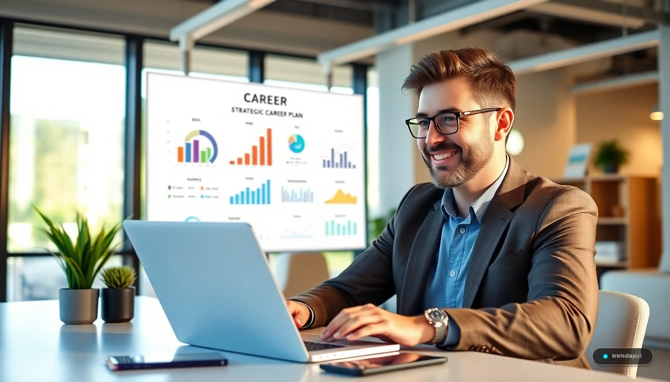 Profesional enfocando su estrategia de búsqueda de empleo en una pantalla con planificación visual