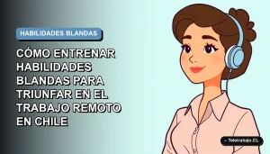 Ilustración plana corporativa de mujer chilena profesional trabajando remotamente, con fondo degradado azul y espacio negativo minimalista.