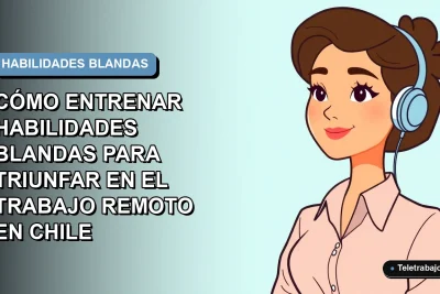 Ilustración plana corporativa de mujer chilena profesional trabajando remotamente, con fondo degradado azul y espacio negativo minimalista.