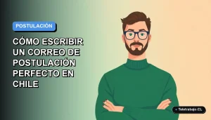 Ilustración vectorial plana de un trabajador remoto masculino con suéter verde, sobre un fondo degradado azul, para una guía sobre cómo escribir un correo de postulación en Chile.