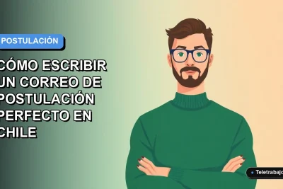 Ilustración vectorial plana de un trabajador remoto masculino con suéter verde, sobre un fondo degradado azul, para una guía sobre cómo escribir un correo de postulación en Chile.