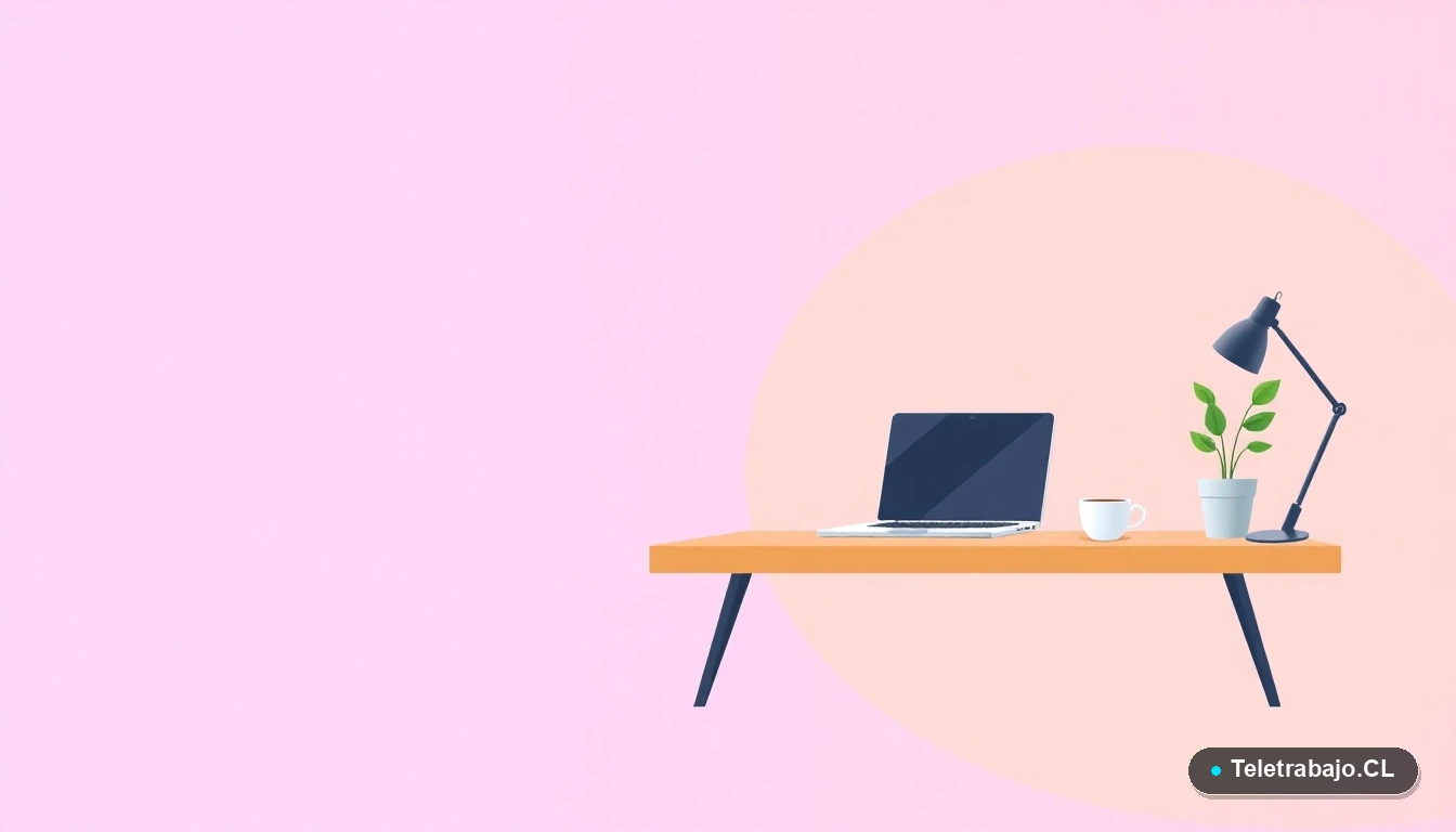 Escritorio moderno minimalista con laptop, cuaderno y taza de café, ilustración vectorial plana sobre fondo degradado lila, concepto de espacio de trabajo remoto.