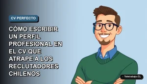 Ilustración plana vectorial de un hombre profesional chileno sonriendo, con camisa azul y suéter verde, sobre fondo degradado azul grisáceo. Espacio negativo a la izquierda.