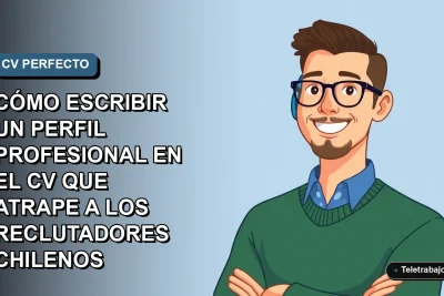 Ilustración plana vectorial de un hombre profesional chileno sonriendo, con camisa azul y suéter verde, sobre fondo degradado azul grisáceo. Espacio negativo a la izquierda.