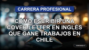 Guía para escribir una carta de presentación en inglés para conseguir trabajo en Chile, sobre fondo de oficina corporativa moderna.