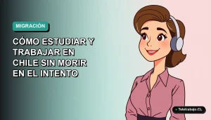 Guía definitiva para estudiar y trabajar en Chile, ilustración plana de mujer profesional con laptop en fondo degradado.