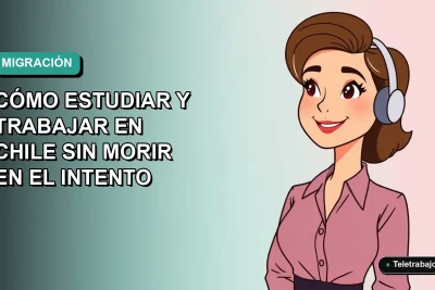Guía definitiva para estudiar y trabajar en Chile, ilustración plana de mujer profesional con laptop en fondo degradado.