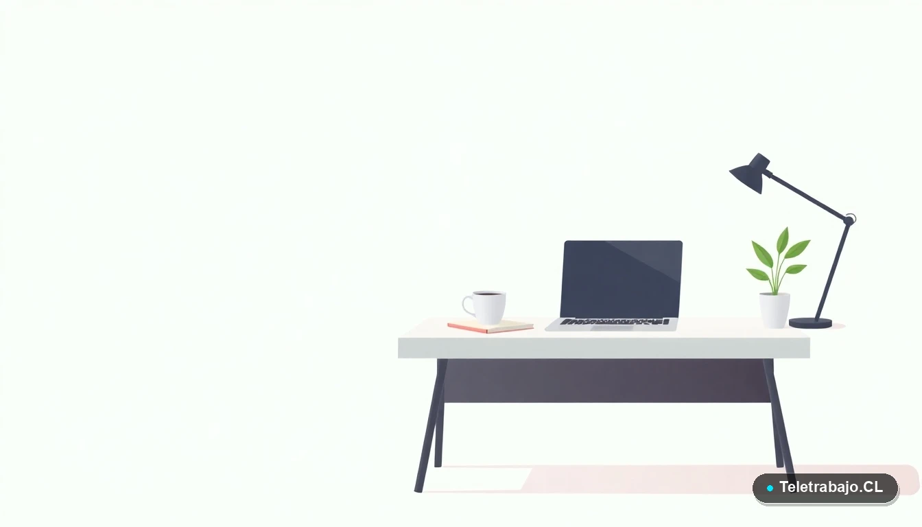 Escritorio moderno minimalista con laptop, cuaderno y taza de café, ilustración plana para guía de estudio y trabajo en Chile.