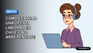 Ilustración plana vectorial de una mujer profesional chilena evaluando una oferta de trabajo en su laptop, fondo degradado azul y gris.