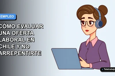 Ilustración plana vectorial de una mujer profesional chilena evaluando una oferta de trabajo en su laptop, fondo degradado azul y gris.