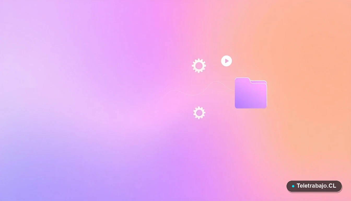 Elementos de interfaz de usuario abstractos y modernos, como gráficos y engranajes flotantes, sobre un fondo degradado lila y durazno.