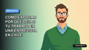 Ilustración vectorial plana de un trabajador masculino de tecnología explicando su renuncia en una entrevista laboral en Chile, fondo degradado azul.