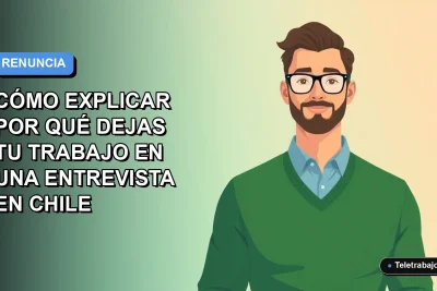 Ilustración vectorial plana de un trabajador masculino de tecnología explicando su renuncia en una entrevista laboral en Chile, fondo degradado azul.