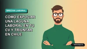 Ilustración vectorial plana de un hombre profesional chileno con suéter verde, explicando una laguna laboral en su CV, fondo degradado azul verdoso.