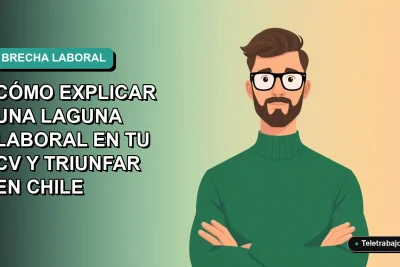 Ilustración vectorial plana de un hombre profesional chileno con suéter verde, explicando una laguna laboral en su CV, fondo degradado azul verdoso.