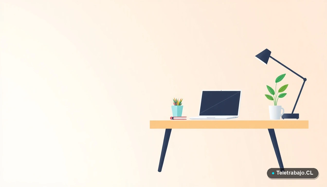 Escritorio moderno minimalista con laptop y plantas, concepto de organización y productividad para profesionales en Chile, ilustración vectorial plana.