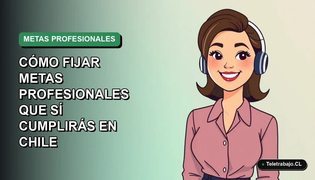 Ilustración plana vectorial de una mujer profesional chilena sonriendo, con fondo degradado verde, para guía sobre cómo establecer y cumplir objetivos laborales.