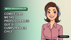 Ilustración plana vectorial de una mujer profesional chilena sonriendo, con fondo degradado verde, para guía sobre cómo establecer y cumplir objetivos laborales.