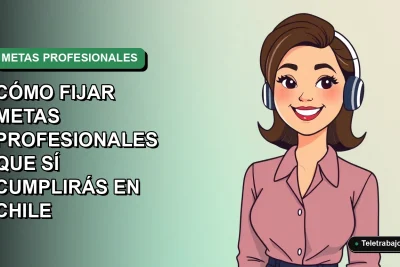 Ilustración plana vectorial de una mujer profesional chilena sonriendo, con fondo degradado verde, para guía sobre cómo establecer y cumplir objetivos laborales.