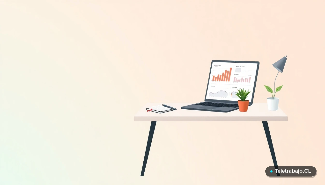 Escritorio moderno minimalista con laptop, cuaderno y planta, ilustración plana para artículo sobre planificación de metas profesionales en Chile.