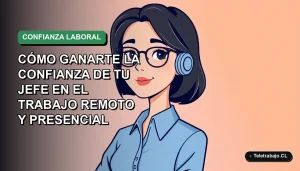 Ilustración plana corporativa de una mujer profesional con blusa azul y lentes, sobre fondo degradado verde suave, representando el trabajo remoto y la confianza laboral.