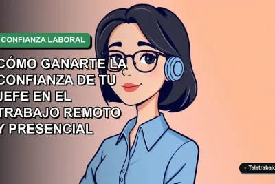 Ilustración plana corporativa de una mujer profesional con blusa azul y lentes, sobre fondo degradado verde suave, representando el trabajo remoto y la confianza laboral.