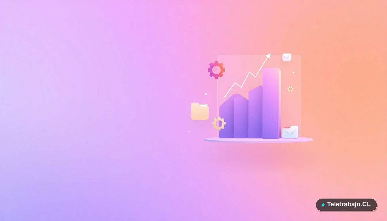 Elementos abstractos de interfaz de usuario con gráficos, engranajes y carpetas flotantes en colores lavanda y durazno, sobre fondo degradado, concepto de productividad y tecnología.