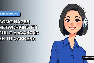 Ilustración vectorial plana de una mujer profesional chilena con blusa azul y corte de pelo bob, sonriendo, sobre un fondo degradado suave azul y gris. Espacio negativo a la izquierda. Concepto de networking y carrera.