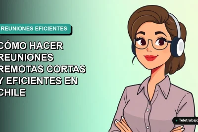 Ilustración plana corporativa de mujer profesional chilena en teletrabajo, con fondo degradado verde azulado, para guía de reuniones virtuales cortas.