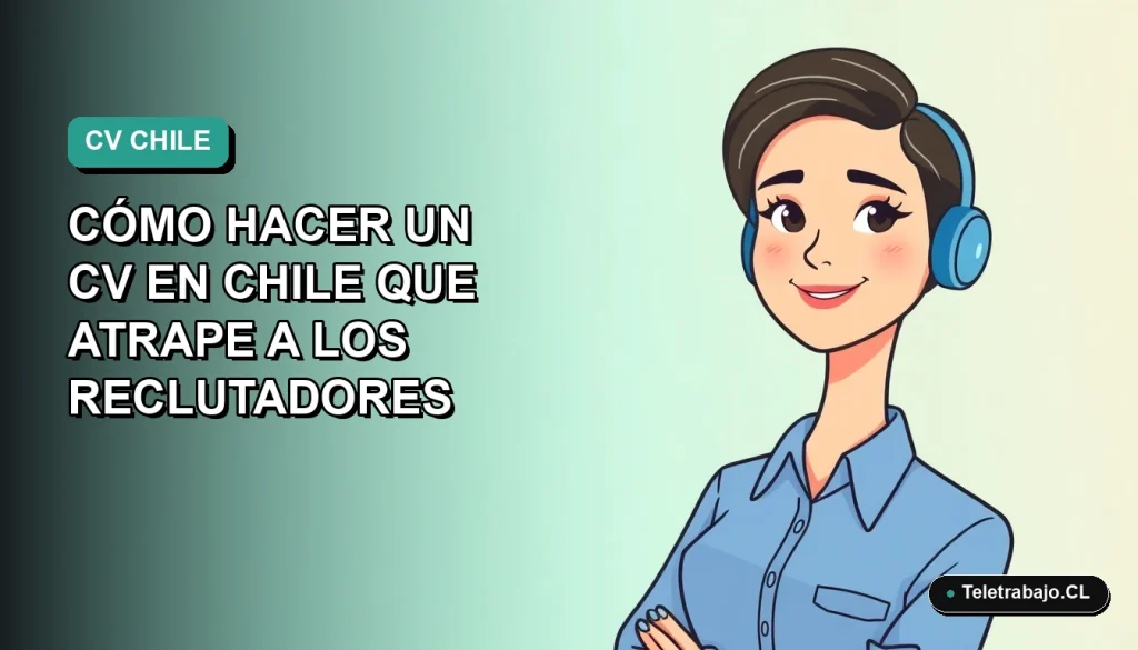Ilustración plana de mujer profesional chilena sonriente, con blusa azul, junto a un CV moderno. Fondo degradado verde azulado.
