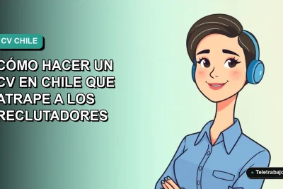 Ilustración plana de mujer profesional chilena sonriente, con blusa azul, junto a un CV moderno. Fondo degradado verde azulado.