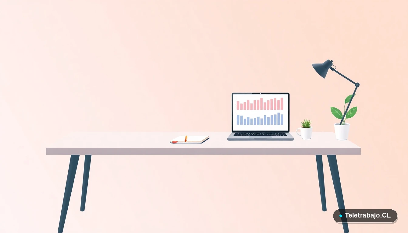 Escritorio moderno minimalista con laptop, gráficos, taza de café y planta. Concepto de espacio de trabajo productivo para currículum. Fondo degradado lavanda.