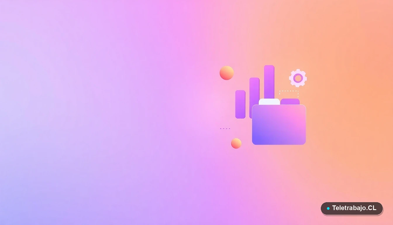 Composición abstracta de interfaz de usuario con gráficos y engranajes en tonos lavanda y durazno, sobre fondo degradado, concepto de productividad y tecnología.