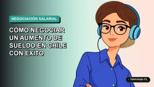 Ilustración vectorial plana de una mujer profesional chilena con blusa azul y lentes, sobre fondo degradado verde agua, concepto de negociación laboral.